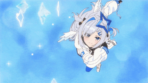 a girl with white hair and a blue star on her head is floating in the air