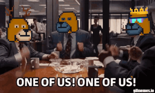 a group of people sitting around a table with one saying one of us one of us