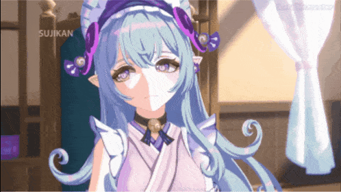 a girl with blue hair and purple flowers has the word sujikan on the bottom