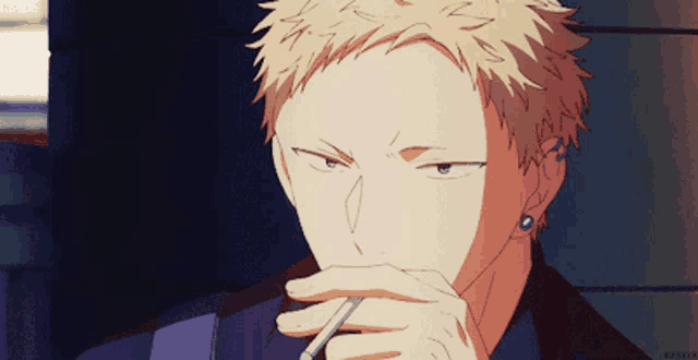 a close up of a man smoking a cigarette with a purple shirt on