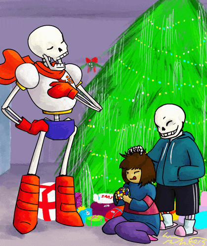 a drawing of a skeleton standing next to a christmas tree with the word sans written on it
