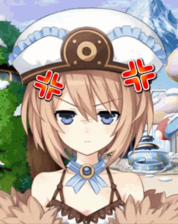 a girl with a hat on has a sticker on her forehead that says " i 'm angry "