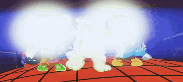 a group of cartoon characters are standing on a red tiled floor