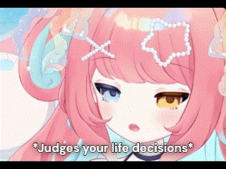 a close up of a pink anime girl with the words `` judges your life decisions '' written on the bottom .