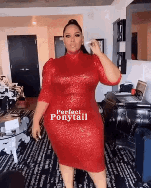 a woman in a red sequined dress with perfect ponytail written on the bottom
