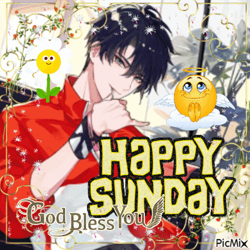 a happy sunday greeting card with a boy and a flower