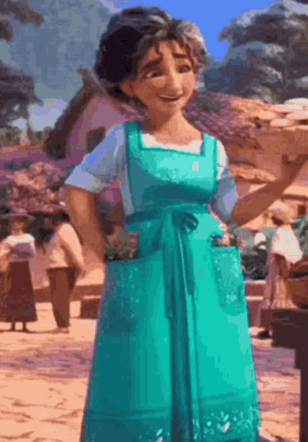 a cartoon character wearing a blue dress and apron is standing in a village .