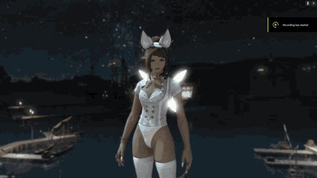 a woman in a white outfit with cat ears and wings stands in front of a body of water