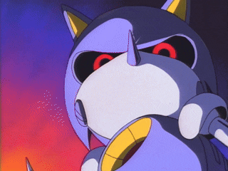 a close up of a cartoon character with red eyes and a horn