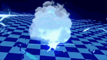 a blue and white checkered background with a large explosion