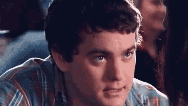 a young man in a plaid shirt is looking at the camera while sitting at a table .