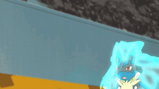 a blue and yellow pokemon with red eyes is standing in front of a white wall