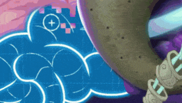a cartoon drawing of a donut with a sword coming out of it .