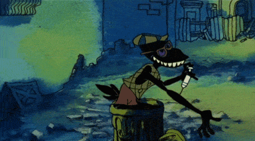 a cartoon character is singing into a microphone while sitting in a trash can
