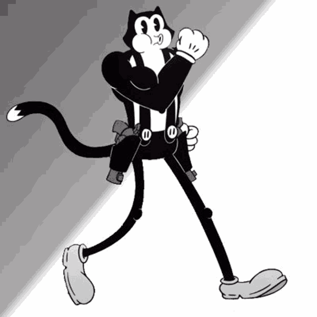 a black and white drawing of a cartoon cat with long legs walking .
