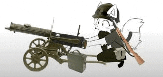 a cartoon fox is kneeling down next to a machine gun and holding a rifle .