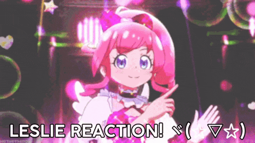 a picture of a girl with the words leslie reaction on it
