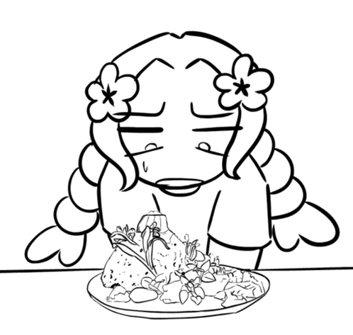 a black and white drawing of a girl with flowers in her hair eating food