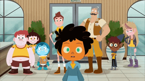 a group of cartoon characters are standing in front of a sign that says exit