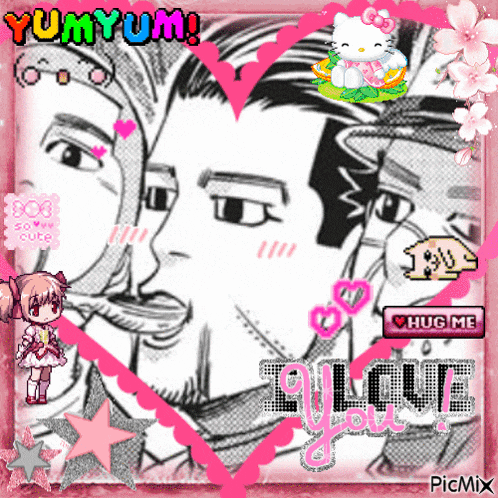 a picture of a man licking another man 's face with the words yumyum i love you in the corner