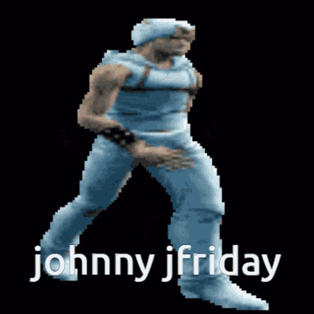 a pixel art of a man dancing with the words johnny jfriday behind him