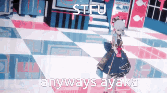 a girl in a dress is dancing on a checkered floor in a room .