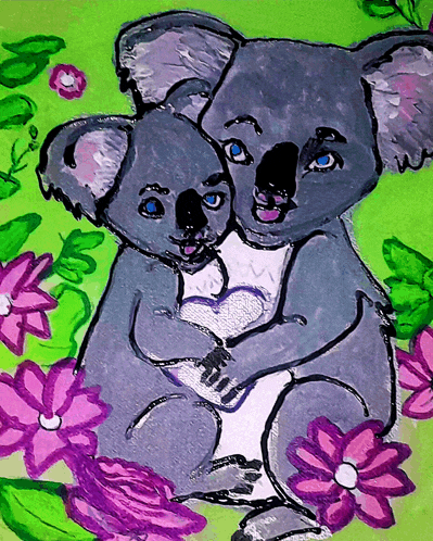 a painting of two koalas hugging each other with flowers in the background