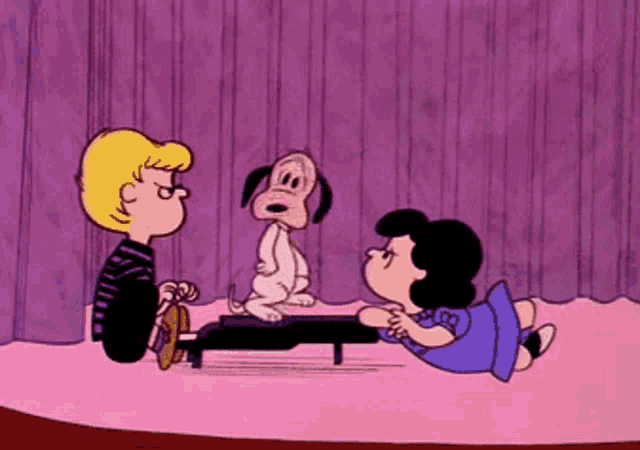a cartoon of snoopy , lucy , and linus playing a piano .