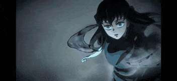 a girl with long black hair and blue eyes is standing in the dark with a sword in her hand .