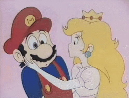 a cartoon of mario and princess peach kissing on a pink background