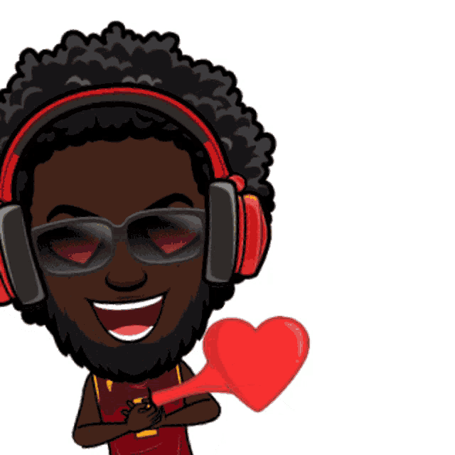 a cartoon of a man wearing headphones and holding a red heart