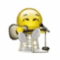 a smiley face is sitting on a stool holding a guitar and a microphone .