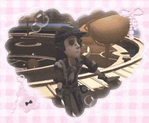 a picture of a cartoon character with a pink checkered background and bubbles
