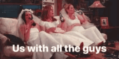 three women in wedding dresses are sitting on a couch with the words us with all the guys