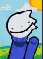 a cartoon character is wearing a blue sweater and a white hat with a smile on his face .