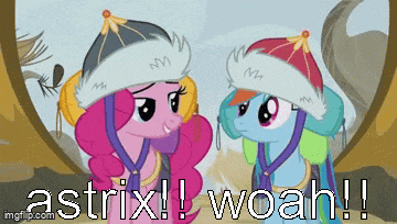 pinkie pie and rainbow dash from my little pony are standing next to each other with the words asterix woah written below them