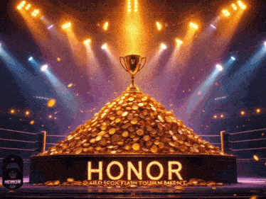 a large pile of gold coins with the word honor written on it