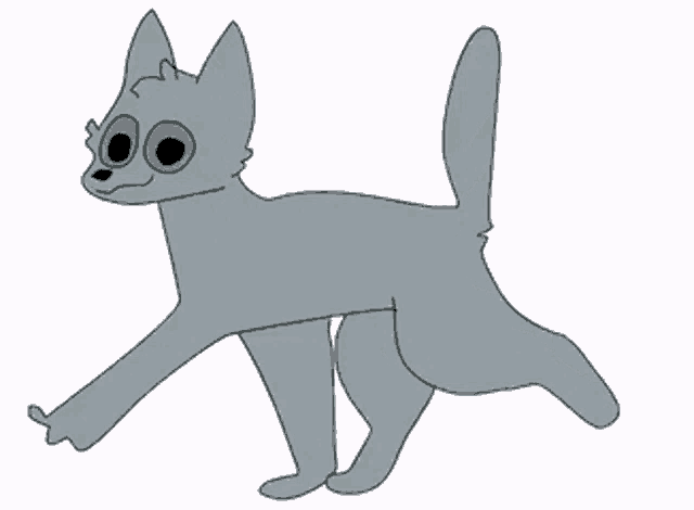 a drawing of a gray cat with green eyes running