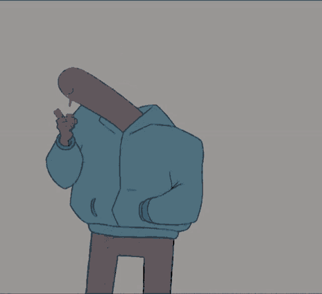 a cartoon character wearing a blue hoodie with a long neck