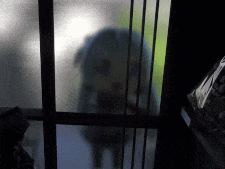 a silhouette of a doll is behind a frosted glass door