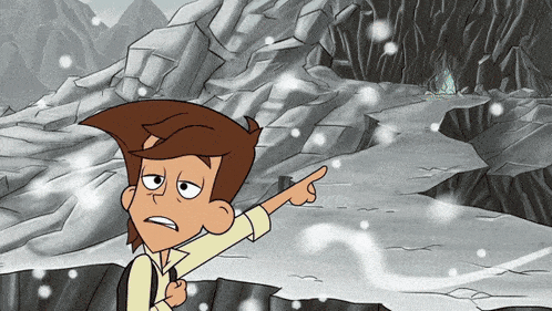 a cartoon character is pointing at something in the distance