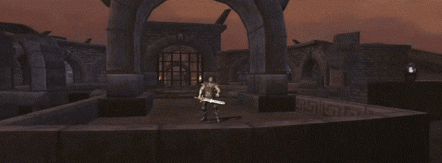 a man in armor is holding a sword in front of a greek key wall