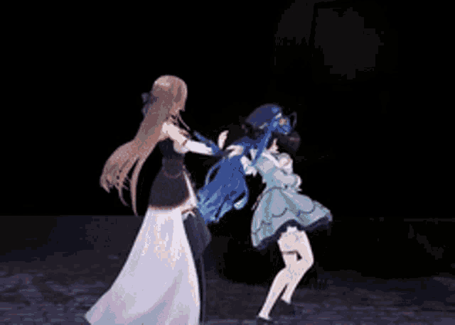 a couple of anime girls standing next to each other in the dark