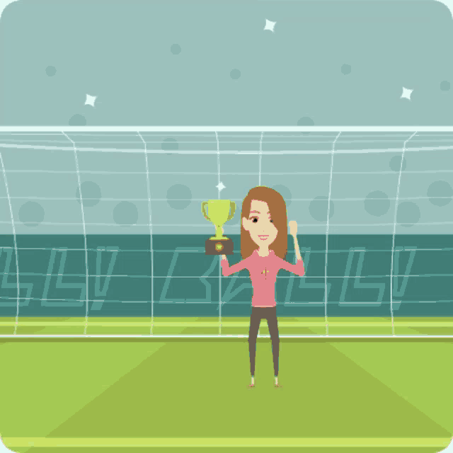 a woman in a pink shirt is holding a trophy