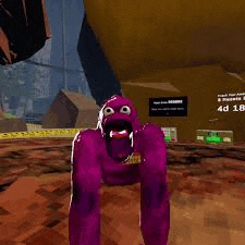 a purple gorilla is standing in front of a yellow balloon in a video game .