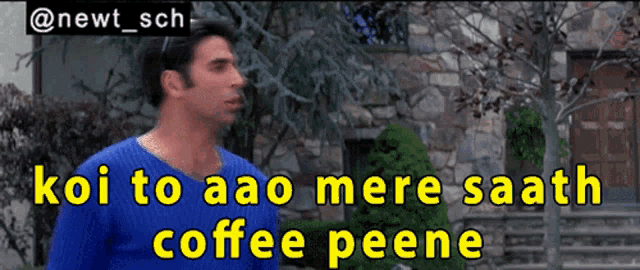 a man in a blue shirt says koi to aao mere saath