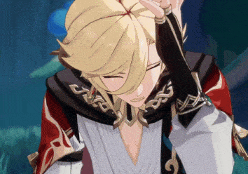 a cartoon character with blonde hair and a red and black outfit has the letter g on his sleeve