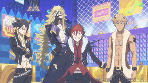 a group of anime characters are standing in front of a sign that says tokyo