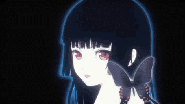 a girl with red eyes and a black butterfly on her neck