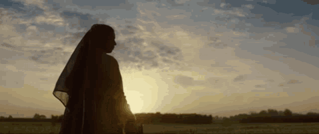a silhouette of a woman standing in a field with the sun behind her